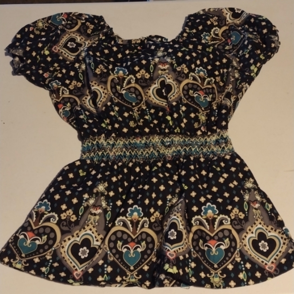 Koi by Kathy Peterson black & multicolor tunic. Size S. Off the shoulder